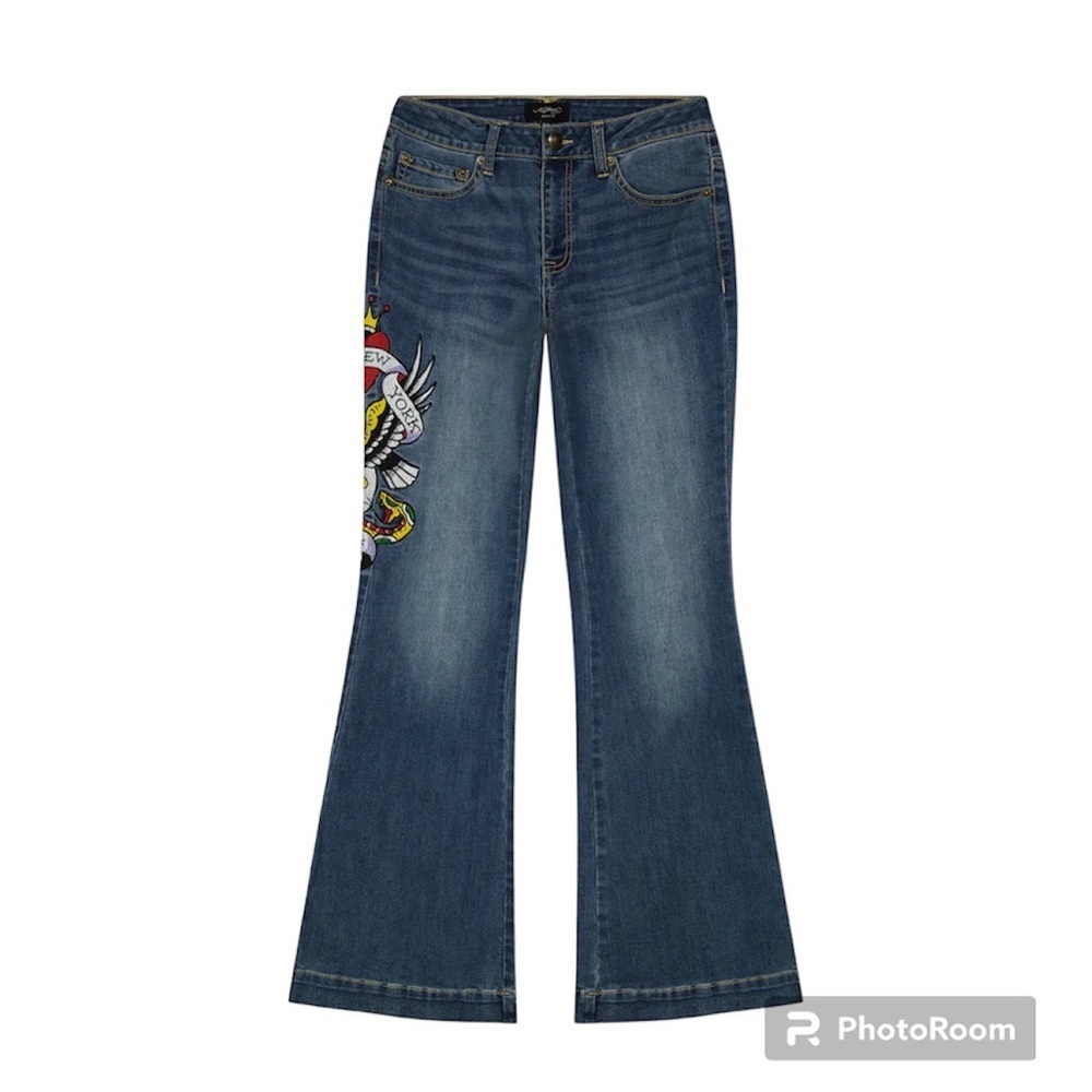 NWT ED HARDY Vintage Y2K Slim Flare Women Jeans Denim SZ 34 Stretch Skull NYC - Picture 2 of 15